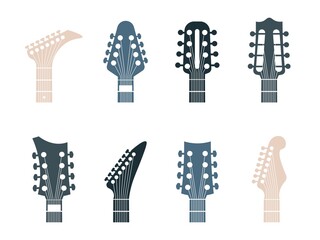 Guitars headstock logo. Realistic modern or retro parts of string instrument. Contour acoustic or electric necks signs. Isolated musical equipment shop advertising template, vector minimalist set