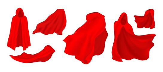 Red cloak. Realistic waving silk mantle. Scarlet satin fabric, flowing textile. Superhero or fairy tale character costume. Isolated carnival cape with hood. Luxury material for royal suit, vector set