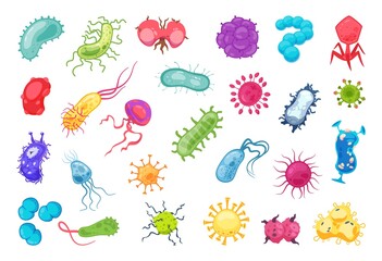 Naklejka premium Virus flu infection. Cartoon microorganisms, colorful bacteria. View through electron microscope, microbiology scientific research. Collection of pathogens with antennae flagella. Vector microbe set