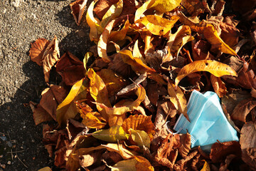 A trashed face mask in a pile of autumn leafs