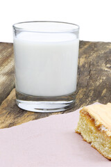 A glass of milk on a white wooden background. Breakfast in a morning. Cake. Healthy food. Vertical view