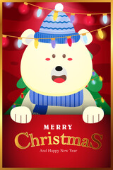 Merry Christmas and Happy new year lettering with cute polar bear cartoon character . Christmas Greeting card. For leaflets, brochures, invitations, posters or banners.