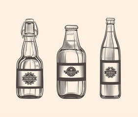 Vintage engraving bottles of beer. Set of vector hand drawn illustrations for menu restaurant, bar, cafe.