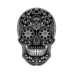 Decorative mexican sugar skull. Stylized painted skull. Day of the Dead. Stencil art holiday. Stencil black skull