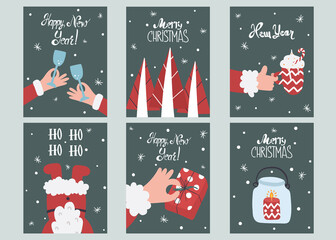 Collection of cute New Year greeting cards. Hand drawing. Vector illustration in cartoon style.