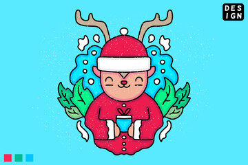 Cute reindeer holding a little gift boxes. Hand drawn holiday illustration in cartoon, doodle style for Christmas