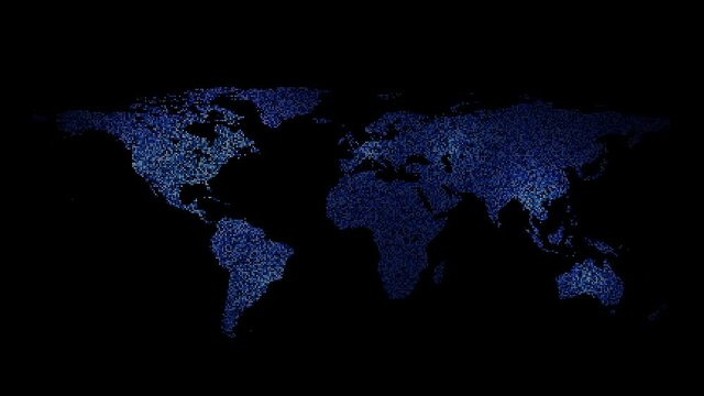 Abstract dark blue world map with random flashing lights effect animation.