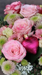 beautiful fresh bouquet with pink roses a love heart bauble and decoration