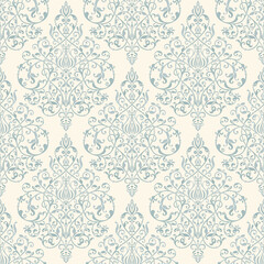 Seamless background baroque style blue and beige color. Vintage Pattern. Retro Victorian. Ornament in Damascus style. Elements of flowers, leaves. Vector illustration. - 392506833