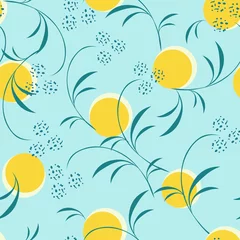 Foto op Canvas Vector abstract floral seamless pattern. Elegant background with leaves, branches, circles. Fresh organic design. Texture in blue and yellow colors. Stylish repeat design for print, wallpapers, decor © Bereletik Art