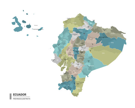 Ecuador higt detailed map with subdivisions. Administrative map of Ecuador with districts and cities name, colored by states and administrative districts. Vector illustration.