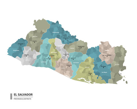 El Salvador higt detailed map with subdivisions. Administrative map of El Salvador with districts and cities name, colored by states and administrative districts. Vector illustration.