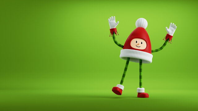 3d render. Cute little santa helper dance, hands up. Christmas toy clip art isolated on green background. Red cap mascot with white pom-pom