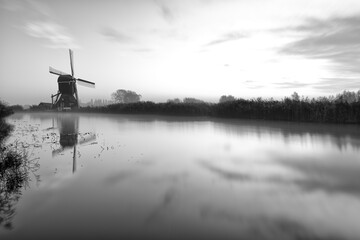 Dutch windmill in black and white