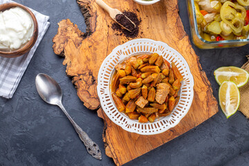 Bamya, Turkish traditional food. (Turkish cuisine) Homemade Food Okra in Plate. Organic Food.