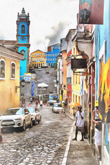 Street in old town colorful painting, Salvador, Bahia state