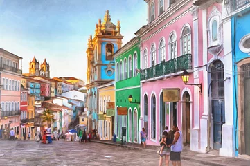 Fotobehang Street in old town colorful painting, Salvador, Bahia state © idea_studio