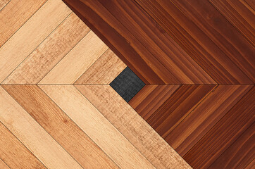 Brown parquet floor with chevron pattern. Rough wooden panel for wall decor. Wood texture background. Rough wooden surface. 