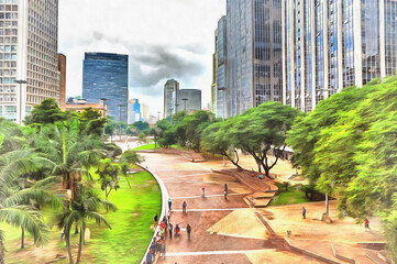 Office buildings colorful painting, Sao Paulo, Brazil.