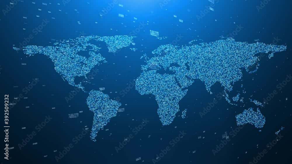 Poster digital world map on dark blue background with business data animation.