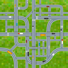 Different road junctions on grass background with cars, top view seamless pattern