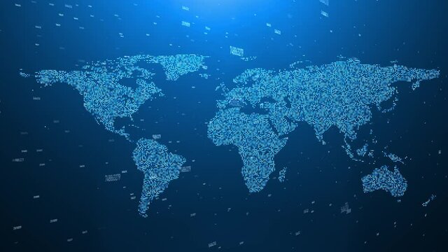 Digital world map on dark blue background with business data animation.