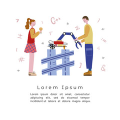 Vector illustration about Robotics engineering. Girl and boy in the  robotics school, rest in the camp. Education with robots. 