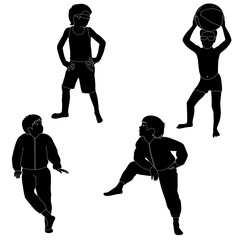silhouettes of boys in different poses and clothes vector black on white background isolated