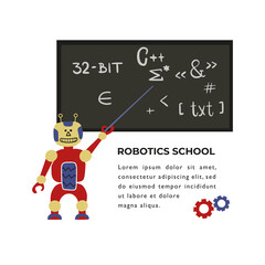 Vector illustration about Robotics engineering. Education in the  robotics school, rest in the camp. Boy get knowledge from robot. Flat vector banner template for veb, brochure