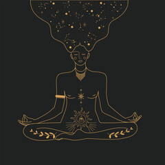 Abstract of a girl with his hair full of zodiac inside. Female portrait of magic night fairy. Mystic women, exotic woman, magic woman, Sacred Witch. Isolated vector illustration