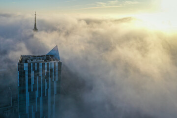 Foggy morning in the center of Warsaw