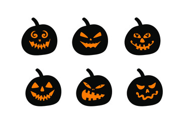 Halloween pumpkin faces set isolated on white. Jack o lantern collection. Pumpkin silhouettes. 