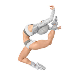 muscular woman in a cyberpunk suit is doing a ballet dance jump
