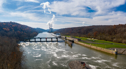 Aerial drone view of the Fort Martin coal powered power station near Morgantown in West Virginia in...