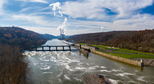 Aerial drone view of the Fort Martin coal powered power station near Morgantown in West Virginia in the late autumn