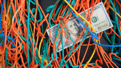 money has no color, 100 usd dollars between colored threads,