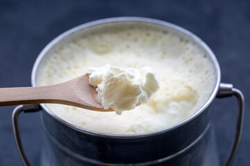 Turkish and Greek traditional dairy food yogurt or yoghurt in a pot (Goat yogurt)