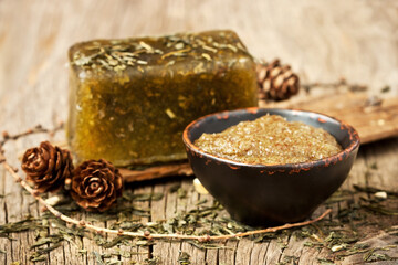Composition with  scrub and soap for spa treatments