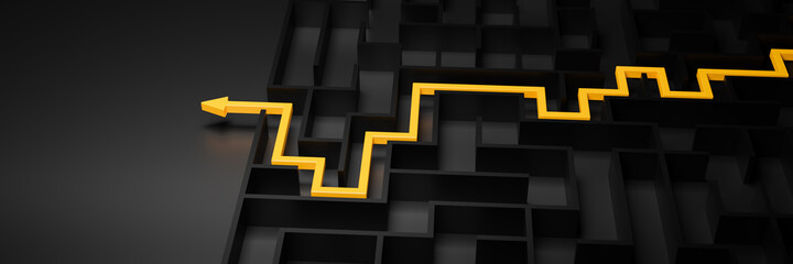 3d rendering: Concept - solving a complex problem. Black maze and floor with yellow solution path...