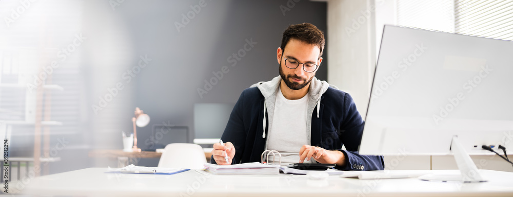 Poster tax accountant advisor using computer