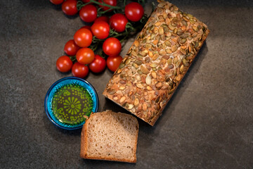 Healthy bread with olive oil and cherry tomatoes