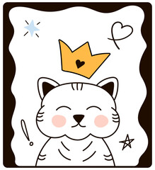 Vector greeting card with a cat with a crown in Doodle style. Vector illustration on a white background, cat in a frame, hearts, crown. For Valentine's day, greeting cards, fabrics, posters.