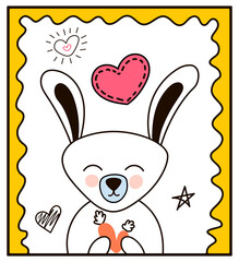 Vector greeting card with rabbit and carrot in Doodle style. Vector illustration on a white background, rabbit in a frame, hearts, decorative elements. For Valentine's day, greeting cards, fabrics