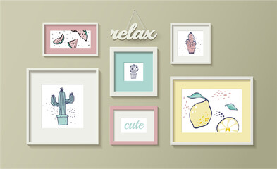 Cute relax vector frames mockup template. Wall posters. Plants, cactus, lemon, watermelon illustrations. Cute room decoration. Mockup easy editable for Your design.