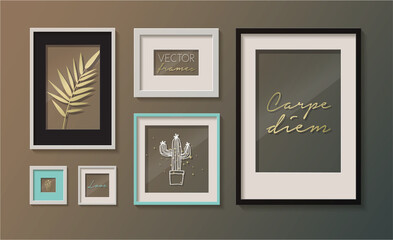 Set of art picture frames. Modern vector glass frames mockup. Picture frames template isolated on background. Golden plant and optimistic messages poster. Vector collection easy editable for design.