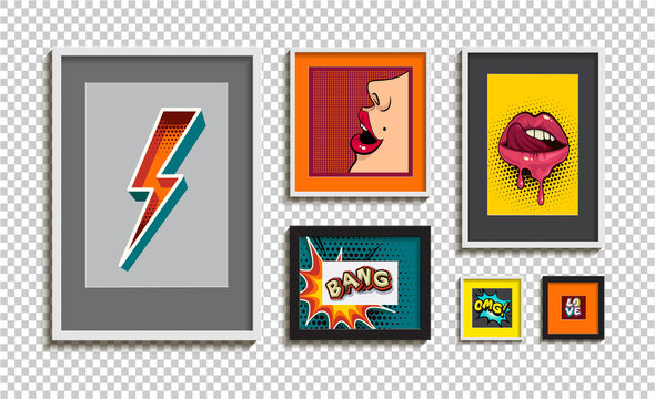 Set of art picture frames. Modern vector glass frames mockup. Picture frames template isolated on background. Pop Art. Comic. Vector collection easy editable for design.