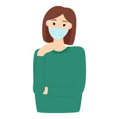 Woman in medical mask to protect against virus on white background, vector illustration