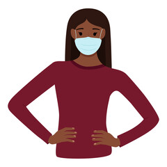 Dark skinned woman in medical mask to protect against virus on white background, vector illustration