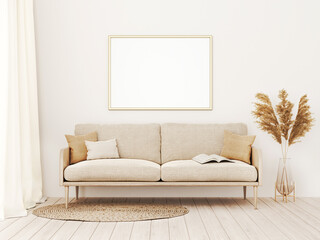 Horizontal frame mockup in warm living room interior with beige sofa, pillows, open book, dried Pampas grass and boho style decoration on empty wall background. 3D rendering, illustration