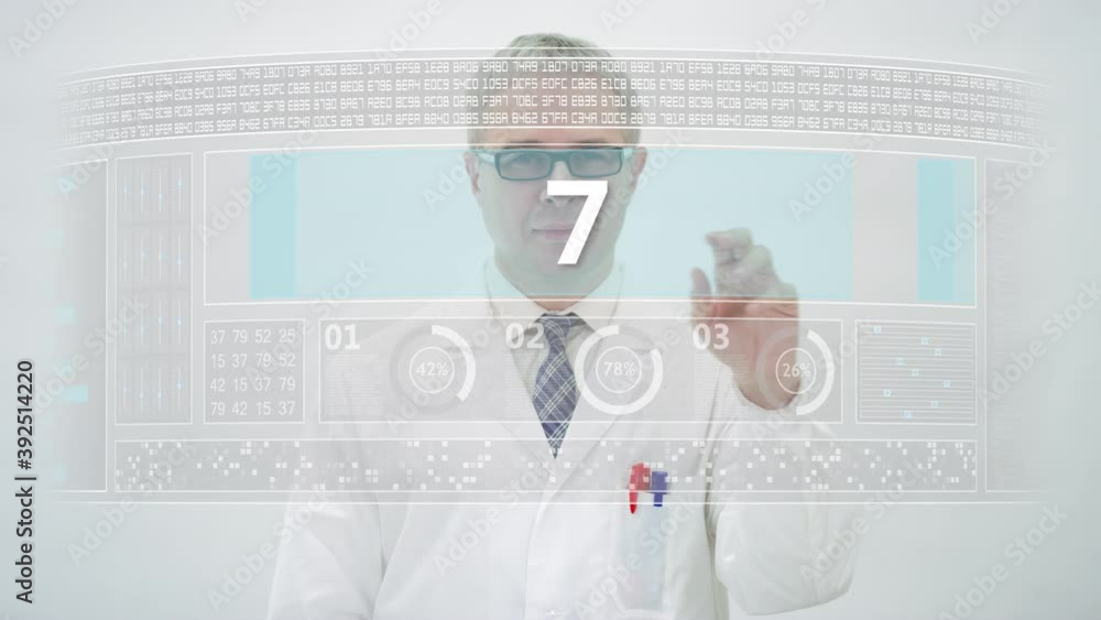Poster scientist counts to 8 on a computer screen